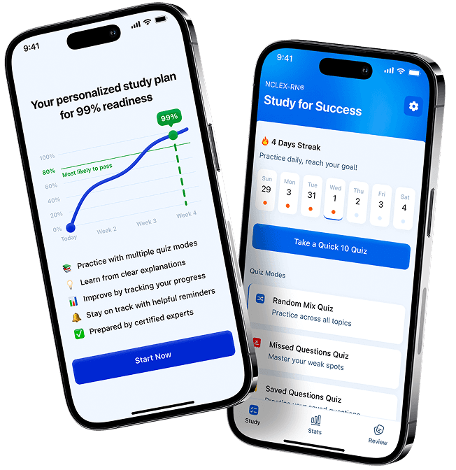 ExamReady app screens: question bank, performance analytics and study guides on three phones