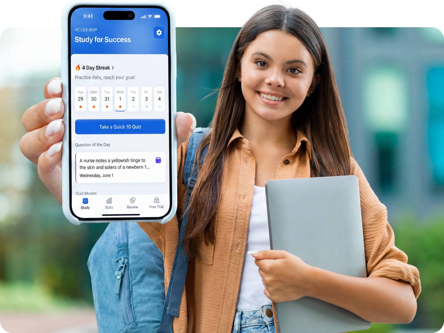 Young woman holding a phone with NCLEX-RN study app for on-the-go exam preparation
