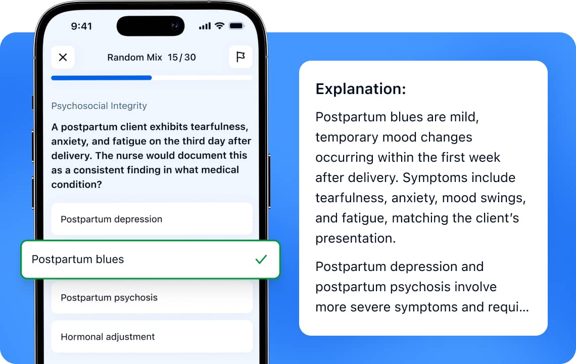 NCLEX-RN practice question with detailed answer rationale in a mobile app
