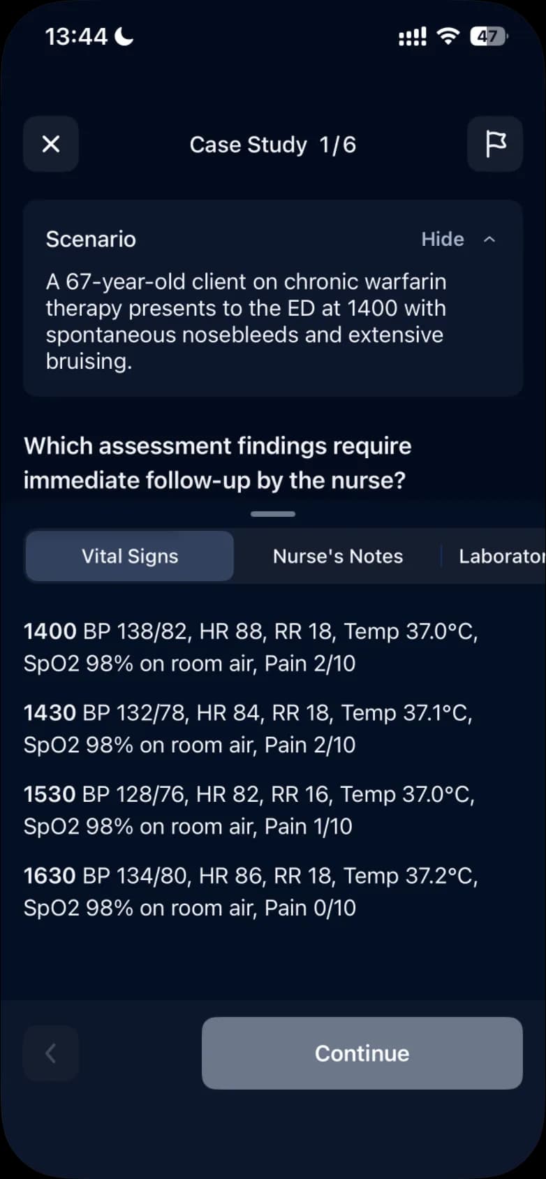 The sheet pulled up over the question, with the Vital Signs tab showing the client's vital signs at four times