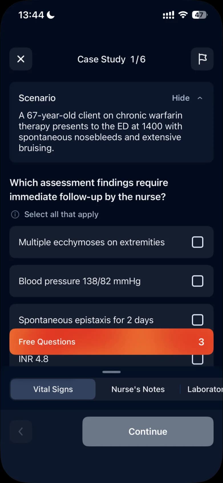 The first question of the Warfarin Toxicity case study: the Scenario at the top, a Select all that apply question, the Free Questions bar and, at the bottom, the tabs Vital Signs, Nurse's Notes and Laboratory, partly hidden at the right edge