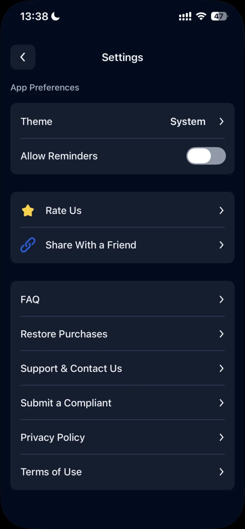The lower part of Settings on iPhone: Theme and Allow Reminders under App Preferences, then links including FAQ, Restore Purchases, Support & Contact Us, Privacy Policy and Terms of Use
