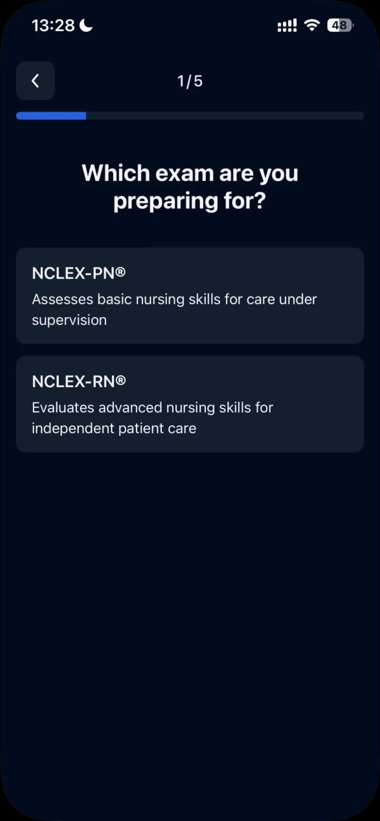 The first setup question, "Which exam are you preparing for?", with the NCLEX-PN and NCLEX-RN cards