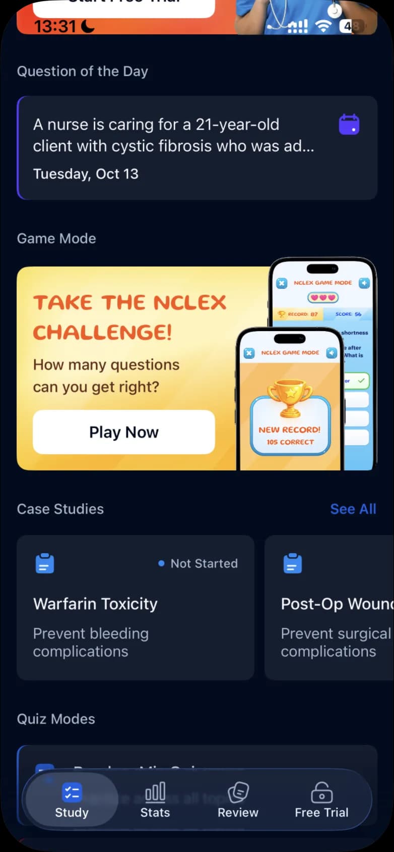 The Study tab with the Question of the Day card, the Game Mode card with its Play Now button, and the first case study card, Warfarin Toxicity, marked Not Started