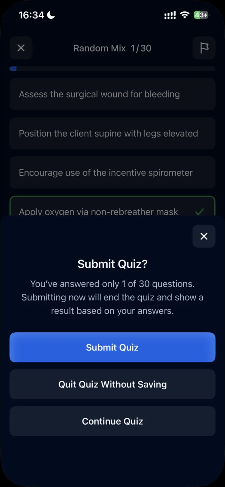 The Submit Quiz? sheet over a Random Mix question, with the buttons Submit Quiz, Quit Quiz Without Saving and Continue Quiz