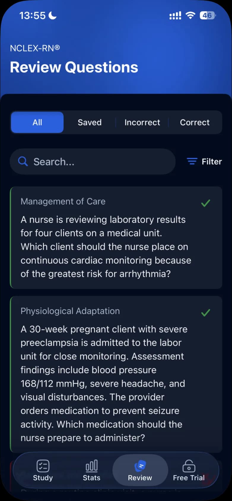 The Review tab on iPhone: the All, Saved, Incorrect and Correct tabs, the search box, Filter, and answered questions with their topics