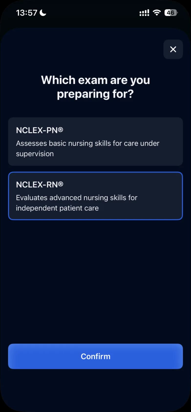 The "Which exam are you preparing for?" screen on iPhone: the NCLEX-PN® and NCLEX-RN® cards, NCLEX-RN® outlined as the current exam, and the Confirm button