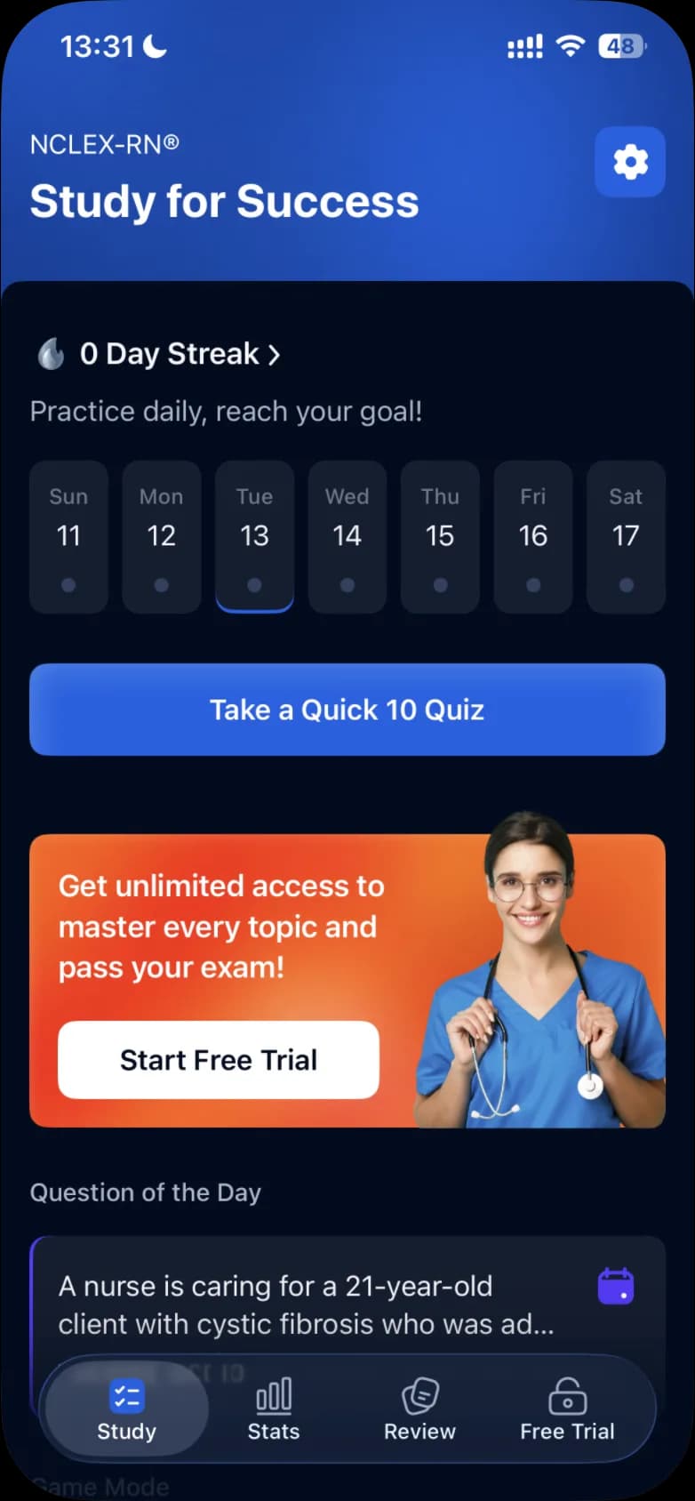The Study tab on iPhone with the Take a Quick 10 Quiz button near the top